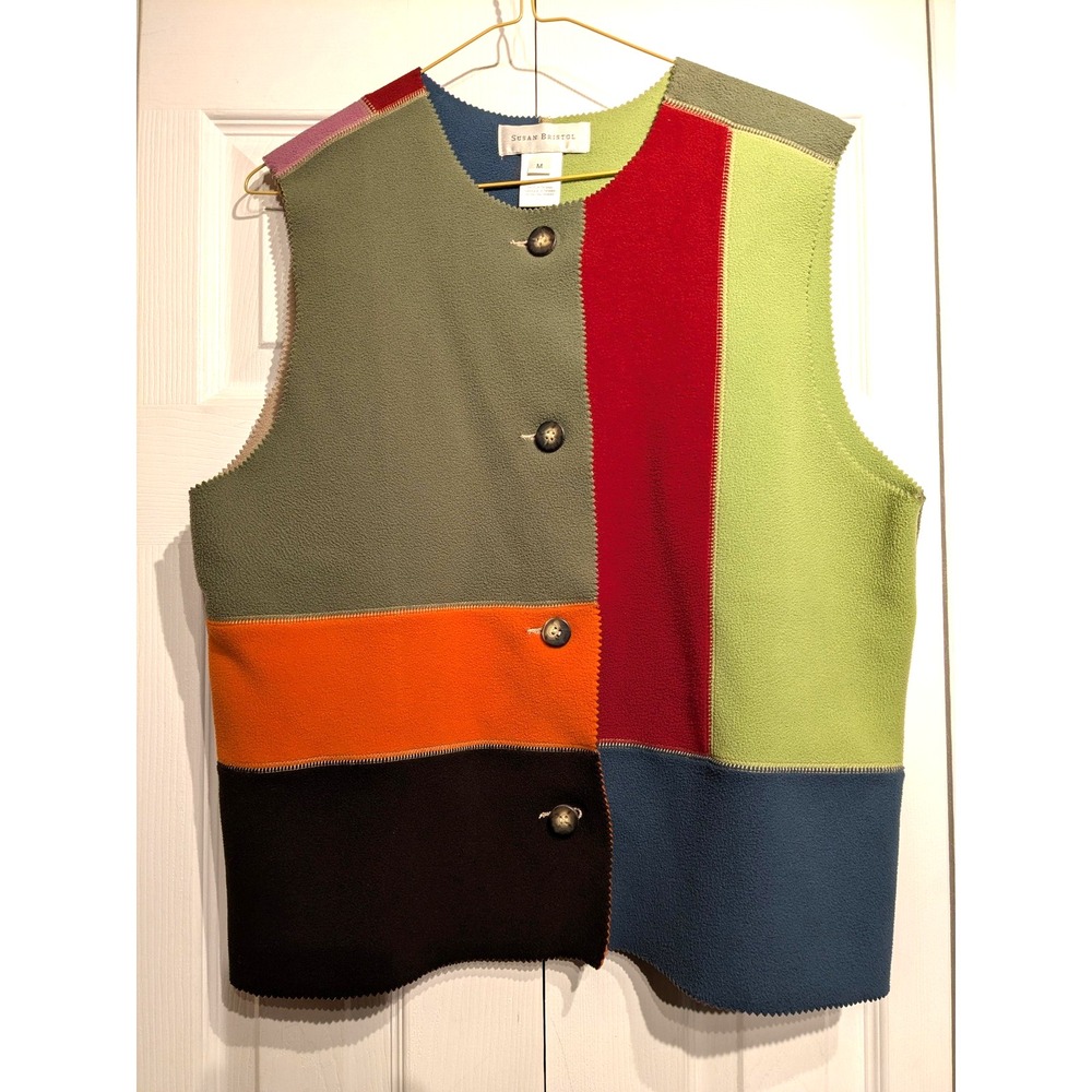 Susan Bristolโ Vest Womens M Fleece Button Up Sleeveless Patchwork Color Block